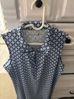 Caribbean Joe Light Blue and Navy Sleeveless Zip Polo Dress